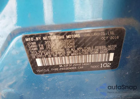 2017 Mitsubishi Mirage G4 Es from USA, damaged, VIN ML32F3FJ5HHF14647